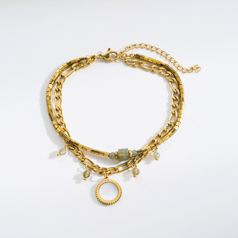 Double Gold plate Bracelet with Green Stones – Adjustable Stainless Steel Jewelry