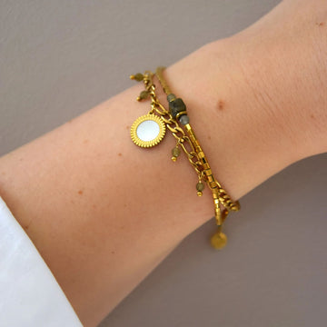 Bracelet double en plaqué or avec pierres vertes – Bijou ajustable en acier inoxydable