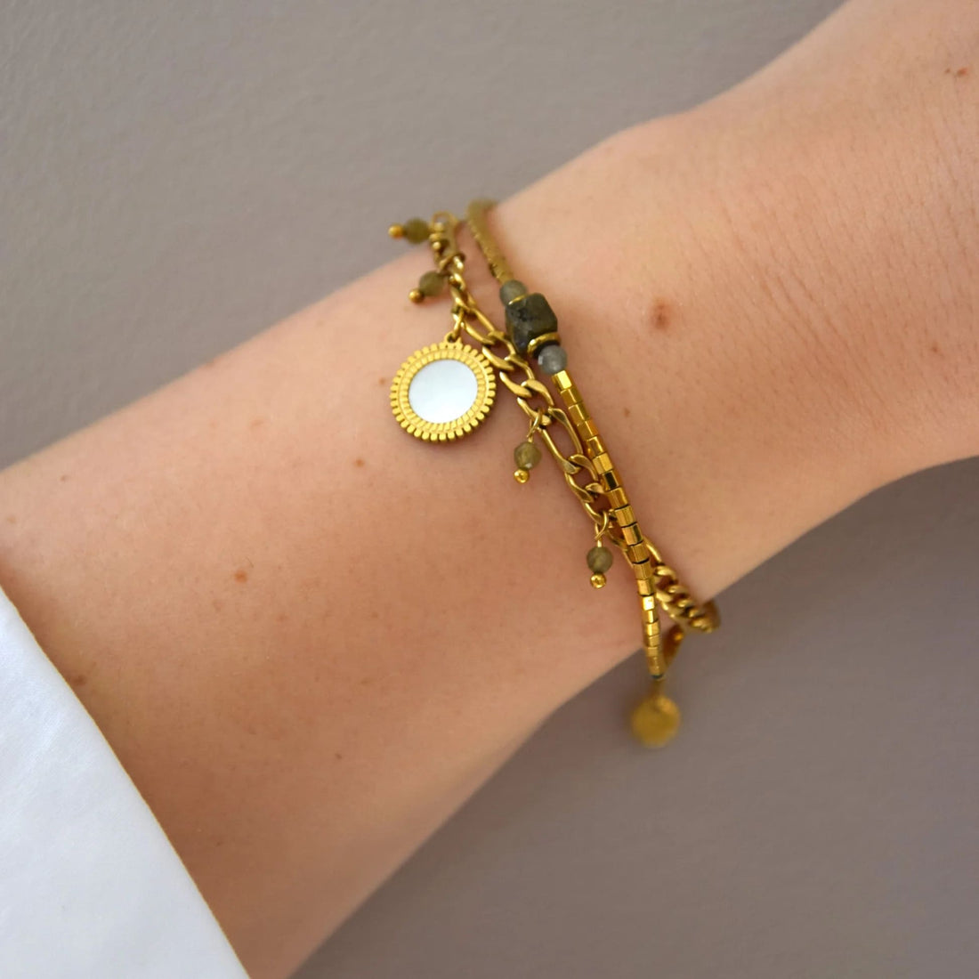 Gold-Tone Stainless Steel Circle Charm Bracelet with Natural Stone Accents