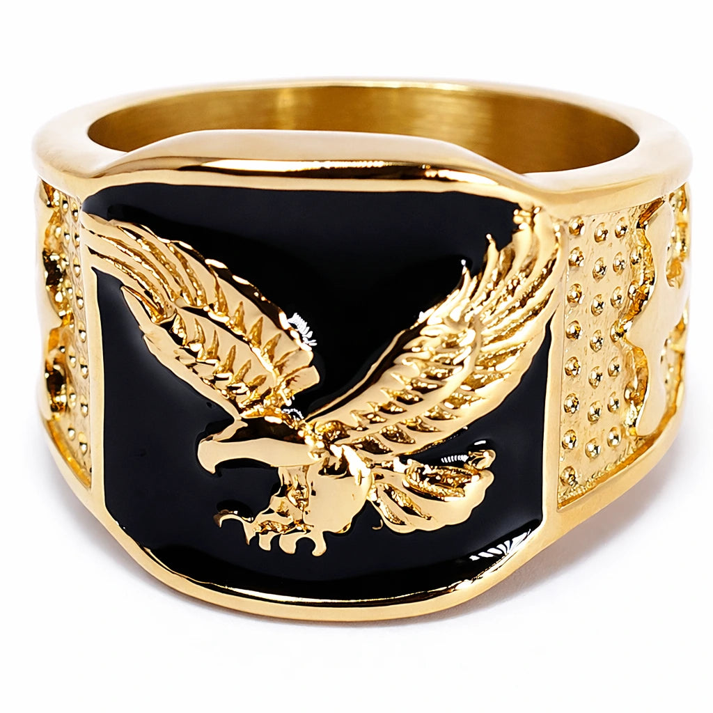 Bague aigle en acier inoxydable, finition dorée et détail noir 9 g