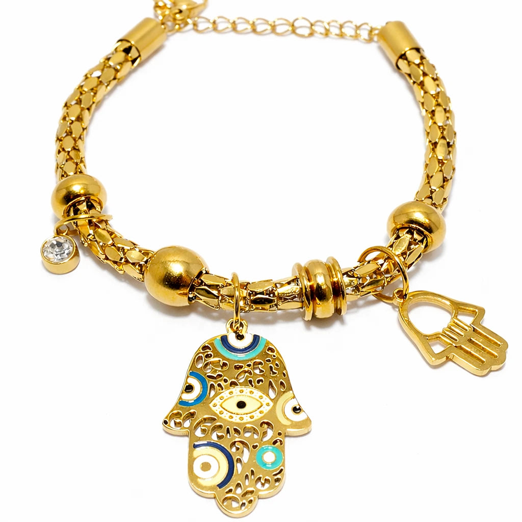 Bracelet à breloques – acier inoxydable – finition dorée – 15 g – main et détails bleu/turquoise