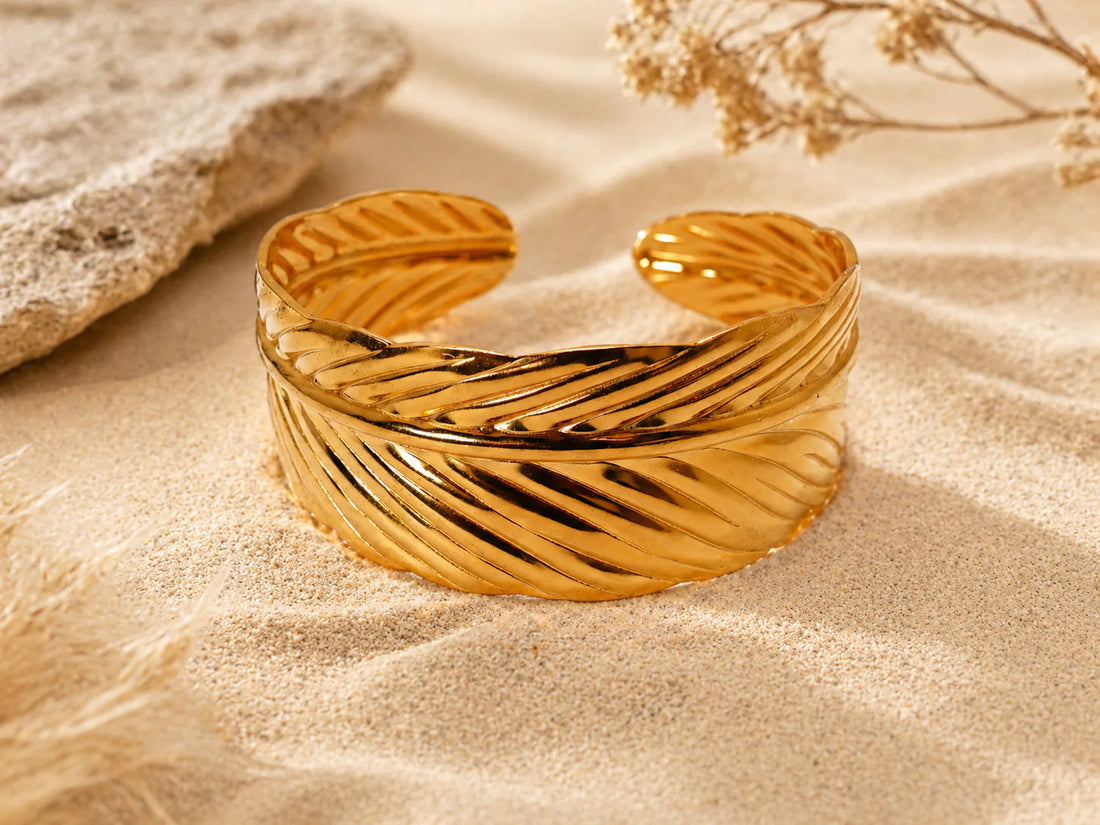 Gold-plated cuff bracelet with leaf design