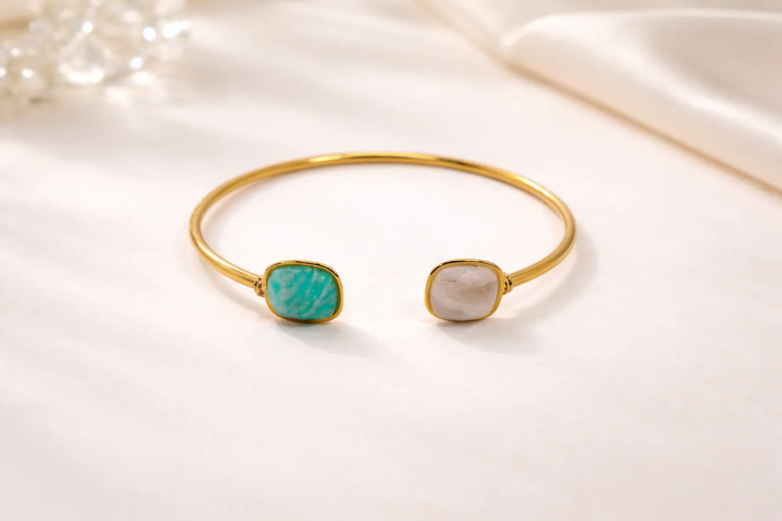 Bracelet jonc doré avec deux pierres décoratives