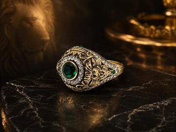 Bague dorée à pierre verte, têtes de lion et pierres blanches - taille 10