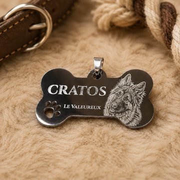 Médaille pour chien personnalisée en forme d’os – Photo, nom et coordonnées gravés recto verso